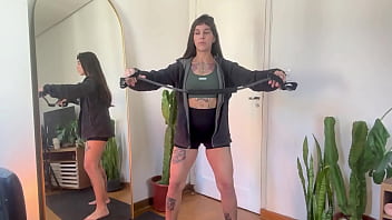 Inked Girl Stretching With Rubber Bands For Warm-up And Strength, Sfw Yoga Fitness